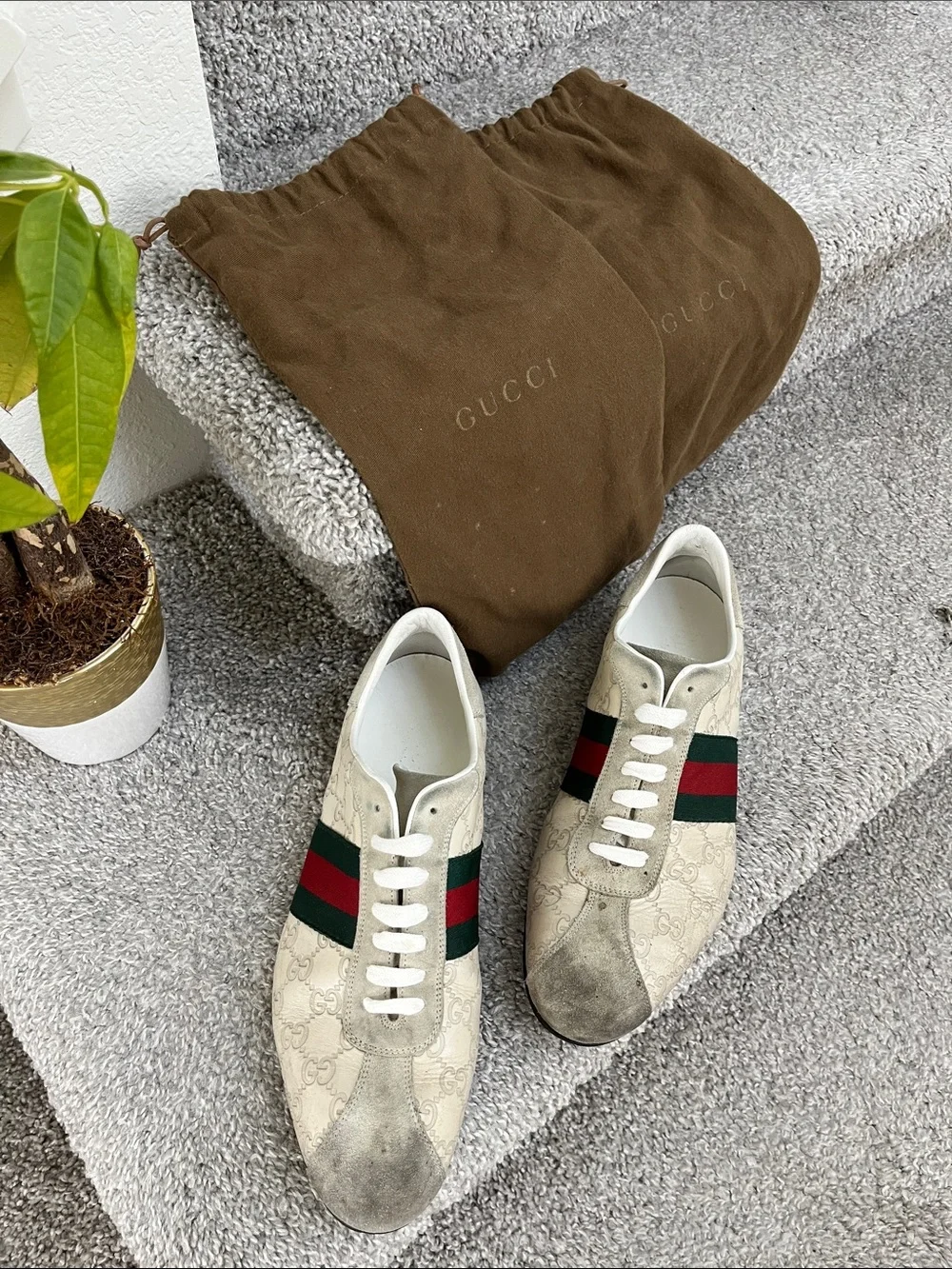 Gucci Men's White GG Canvas Sneakers with Green-Red Stripe